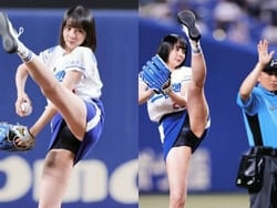プロ雀士岡田紗佳が始球式で豪快な股間丸見え足上げパンチラ