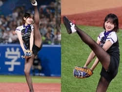 役満ボディー雀士の岡田紗佳が始球式で短パン足上げ隙間白パンチラ
